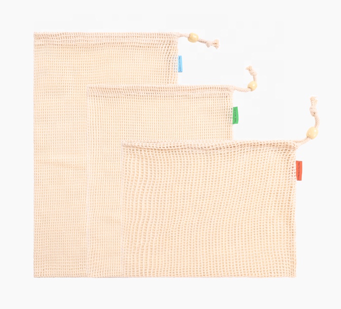 Reusable custom cotton produce mesh bag with drawstring